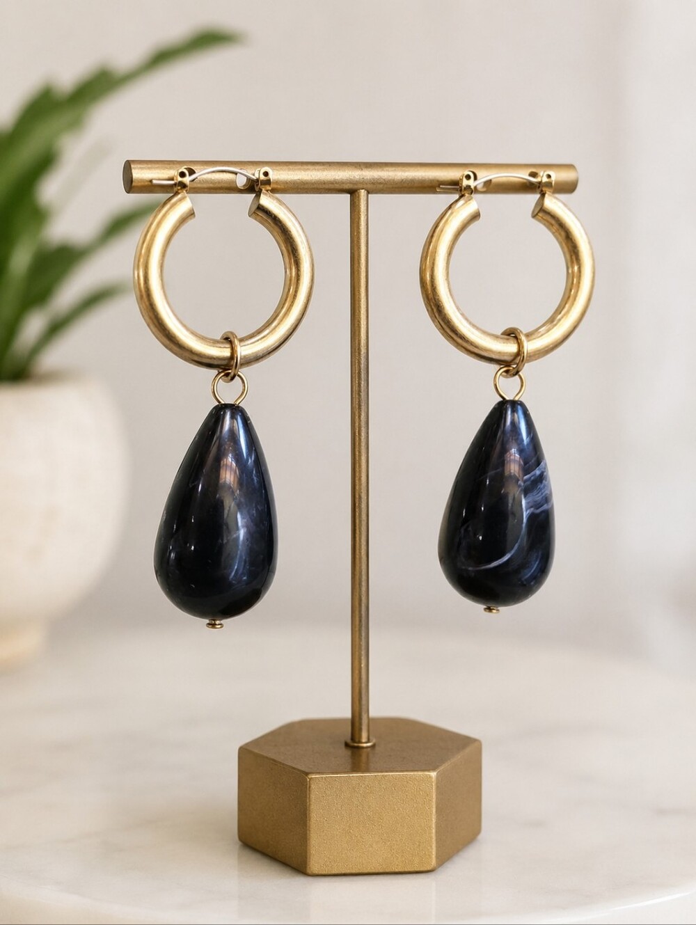 The Sak Gold Hoop Black Marbled Teardrop Drop Earrings Statement Boho